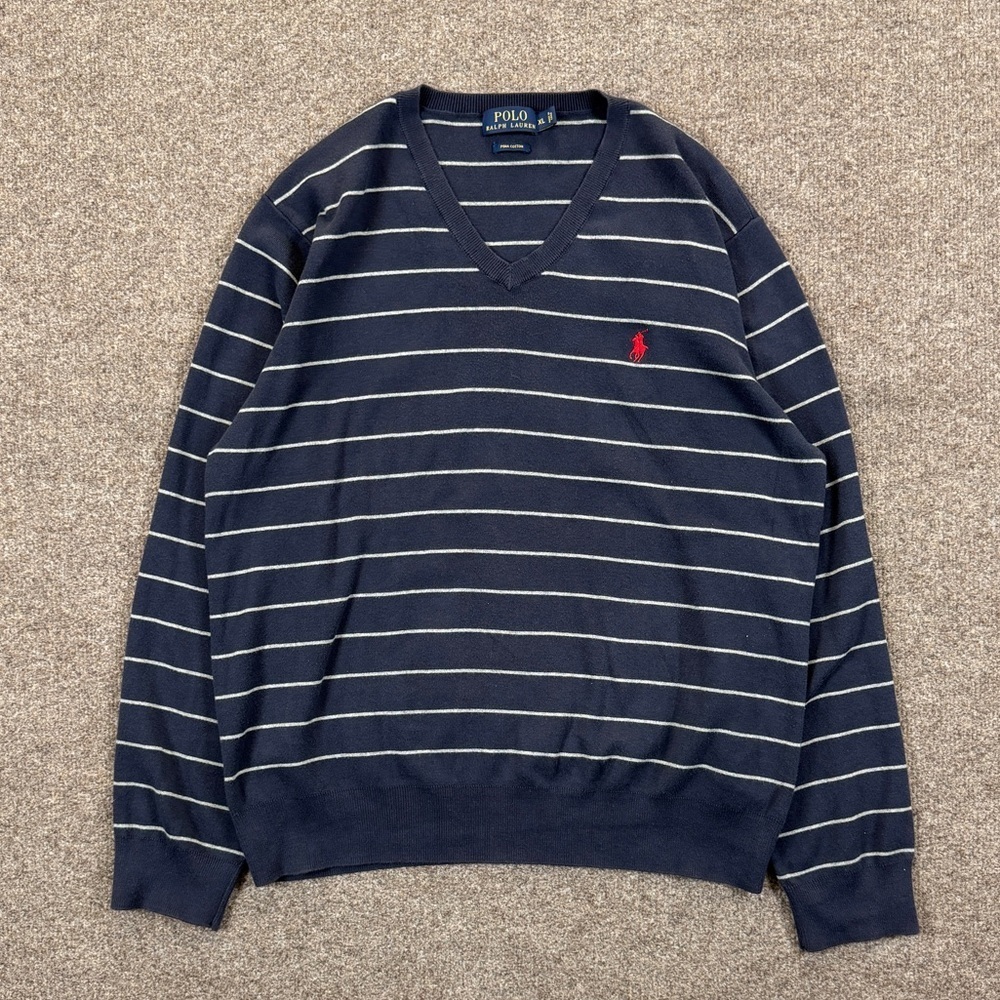 Vintage Y2K Polo Ralph Lauren Navy Striped V-Neck Cotton Sweater Men’s XL Preppy
